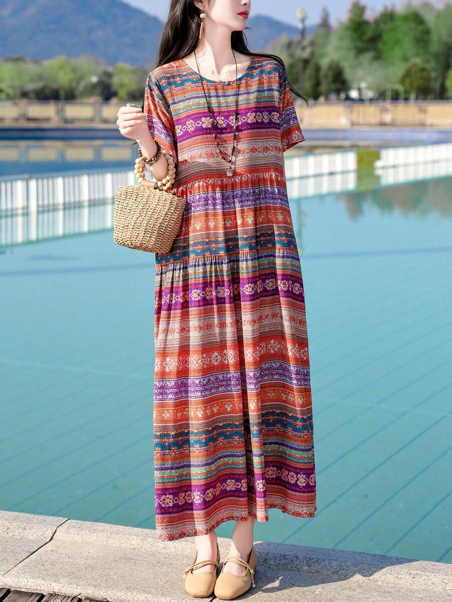 波西米亚风印花荷叶边下摆休闲优雅夏季沙滩连衣裙 - 淡紫色 - 查看 1