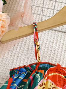 Girls' Sweet Ditsy Floral Spaghetti Strap Dress, Breezy Flared Skirt, Princess Style, Holiday Vibe - Burnt Orange - View 3