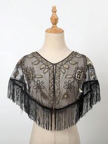 1件女士亮片装饰晚宴披肩，复古旗袍正式礼服配饰，轻盈串珠小斗篷 - 彩色 - 查看 8