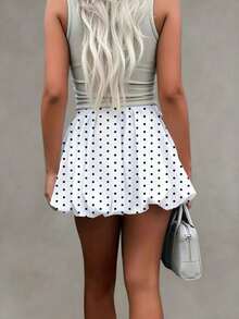 Solstice Apparel Plus Size Bubble Pleated High Waist A-Line Mini Skirt, Matte Polka Dot Print Fabric, Commute, Daily, Date, Spring/Summer, Valentine's Day White - White - View 3