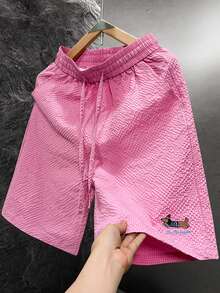 1pc Women's Casual Solid Color Shorts With Small Print Design, Summer - Pink - View 3