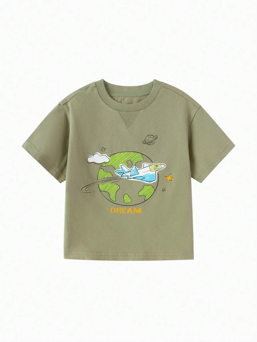 Balabala 男童休闲柔软纯棉短袖T恤，印有太空冒险主题图案 - 軍綠 - 查看 1
