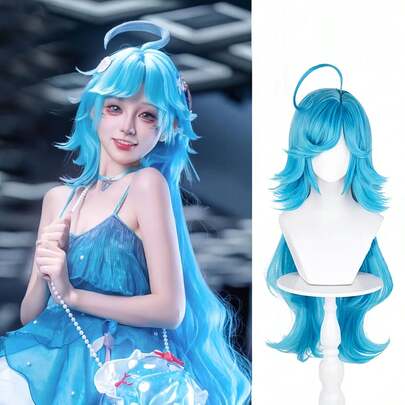 Dollia 32 Inch Blue Synthetic Cosplay Wig, King Of Glory Styled Wig With Realistic Scalp