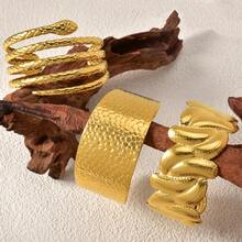 1pc Minimalist Fashion Multi Element Stainless Steel Gold Open Cuff Bracelet Old Money Style Women Versatile Everyday Jewelry - Gold - View 2