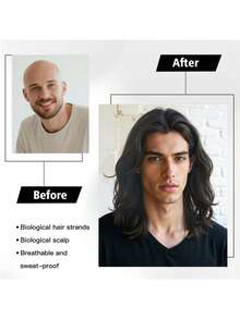 男士14英寸长波浪卷发假发 - 200克高密度耐热合成纤维，黑色和棕色可选，含假发帽，适合日常佩戴、角色扮演、万圣节和化装舞会等场合 - 彩色 - 查看 3