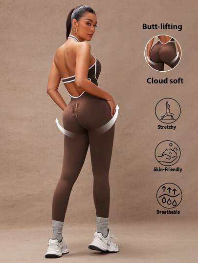 Lumalex Spring Summer Contrast Trim Backless Halter Jumpsuit Comfortable Fabric And Stylish Design Jumpsuit For Women Bodycon Airport Outfit Gym Women Outfit Sexy Sports Jumpsuit Gym Women Outfit