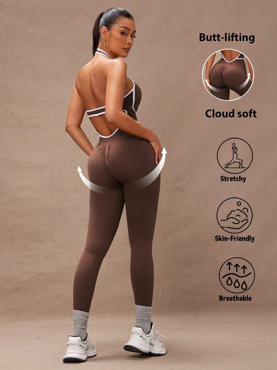 Lumalex Spring Summer Contrast Trim Backless Halter Jumpsuit Comfortable Fabric And Stylish Design Jumpsuit For Women Bodycon Airport Outfit Gym Women Outfit Sexy Sports Jumpsuit Gym Women Outfit - Coffee Brown - View 1