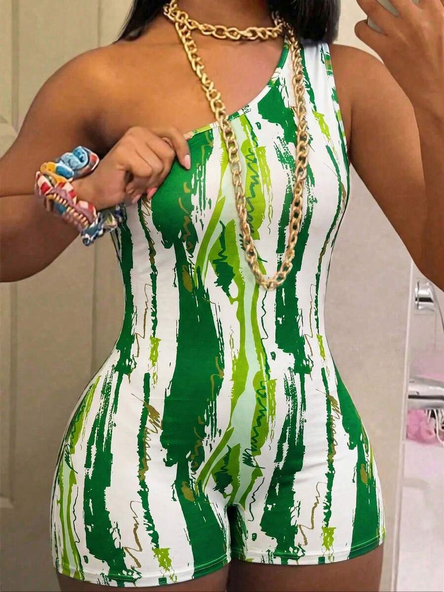 Women's Fashion Tie-Dye Print Strapless Jumpsuit, New For Spring/Summer - Green - View 1
