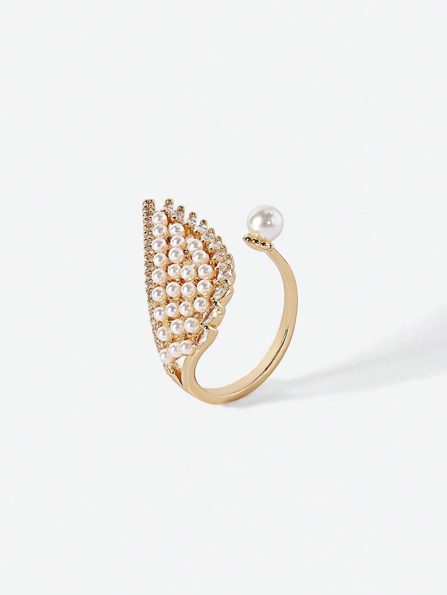 Opalesca 1pc Exquisite Copper Inlaid Cubic Zirconia Pearl Wing Ring - Yellow Gold - View 1