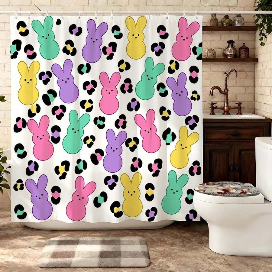 Rideau de douche de Pâques au lapin pastel, imprimé léopard, imperméable et résistant à la moisissure, sans installation de perçage, rideau de salle de bain printanier festif pour enfants - Rose violet - Voir 1