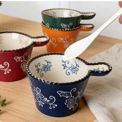 Ceramic Beaded Handle Sauce Bowl, Breakfast Cup, Baking Steaming Roasting Bowl, Milk Cake Souffle Dessert Snack Bowl
