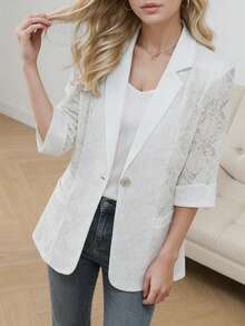 2026春夏新款女士休闲白色蕾丝西装外套，七分袖，镂空设计 - 白色 - 查看 2