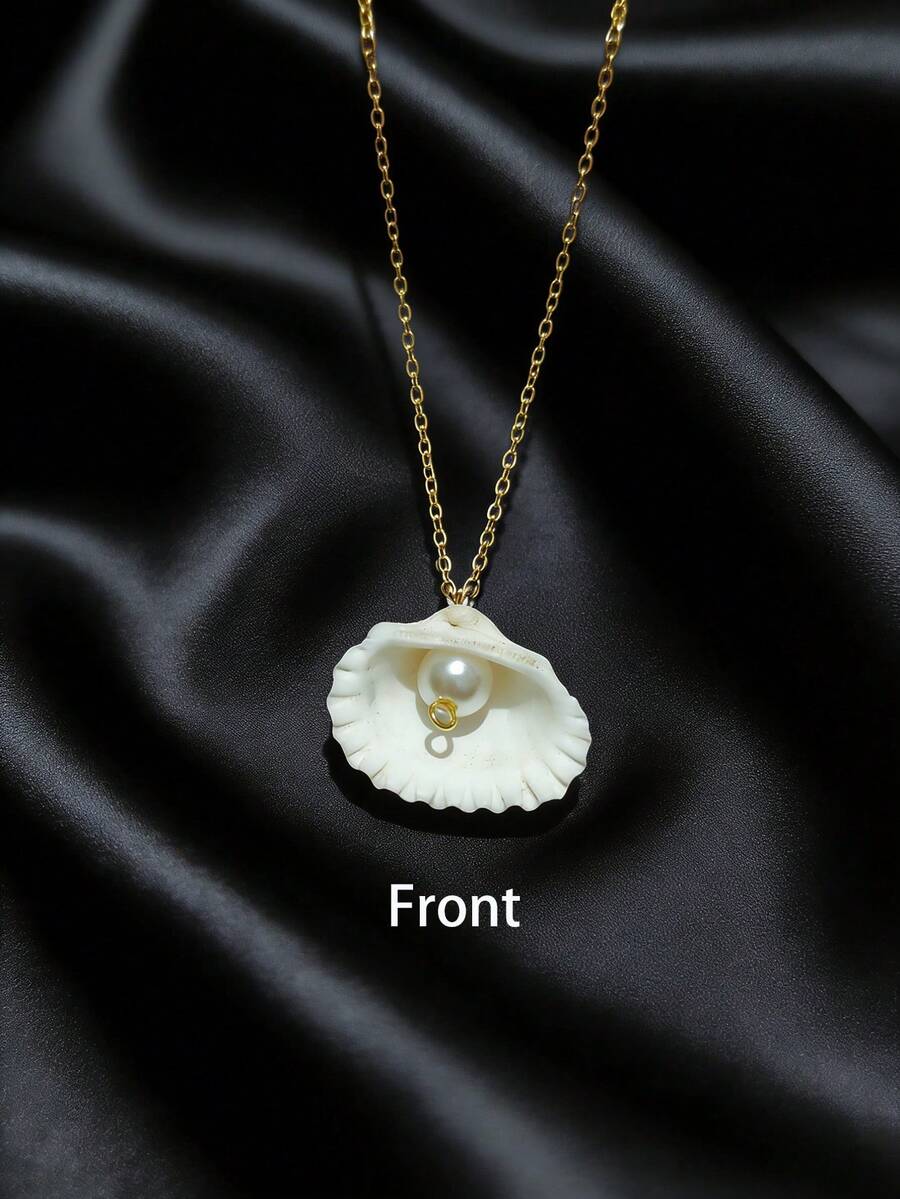1件夏季海滩度假风天然珍珠贝壳吊坠项链，适合日常佩戴和海滩度假 - 貝殼 - 查看 1