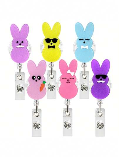 1 pieza Portabadge retráctil de acrílico con diseño de conejo de Pascua, soporte de identificación PMMA con clip de caimán, portabadge adorable de días festivos para enfermeras y uso en la oficina