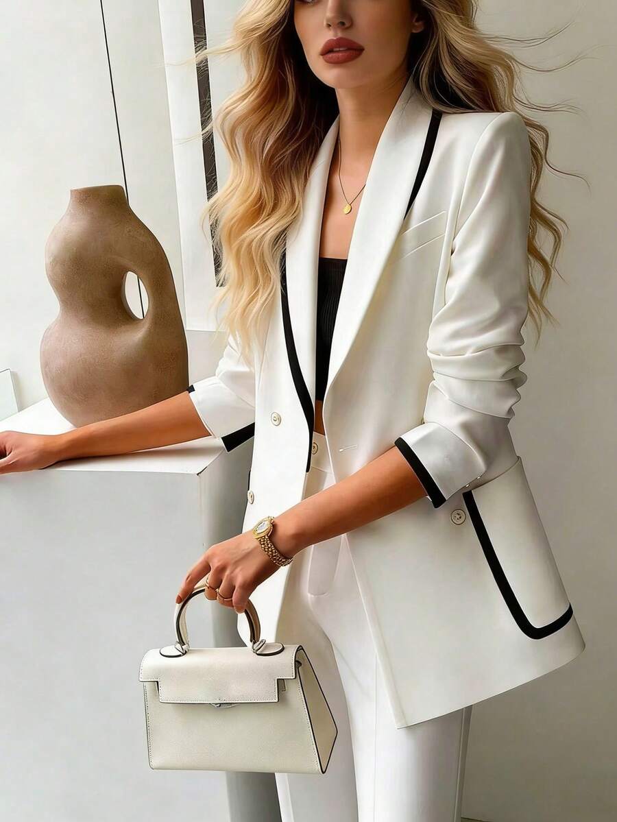 Blazer ajustado para mujer, diseño elegante de cintura alta, color blanco primaveral