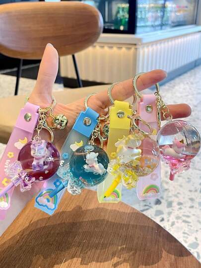 1 PC Lollipop Float Unicorn Flow Bottle Keychain Pendant Children'S Backpack Hanging Decoration Oil Flowing Sand Car Keychain