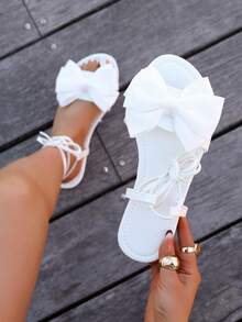 YuanQian New Women's Flat Bow Banquet Shoes, Roman Style Flat Sandals, Wedding Beach Vacation Elegant Cross Strap Sandals, White - White - View 2