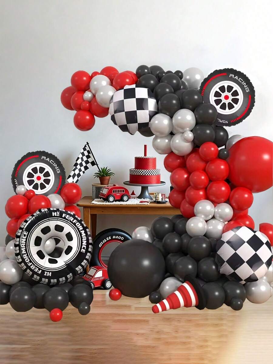 99pcs Racing Car Theme Balloon Arch & Garland Set, Tire Checkered Foil Balloons 5", 10", 18", Black, Red, Silver Latex Balloons For Racing Car Theme Party, Birthday Party, Event Decoration - Multicolor - View 1