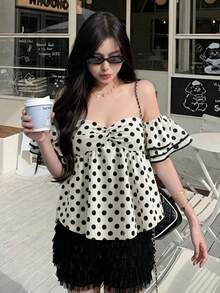 优雅荷叶边露肩波点女式衬衫，夏季性感露肩上衣 - 杏色 - 查看 6