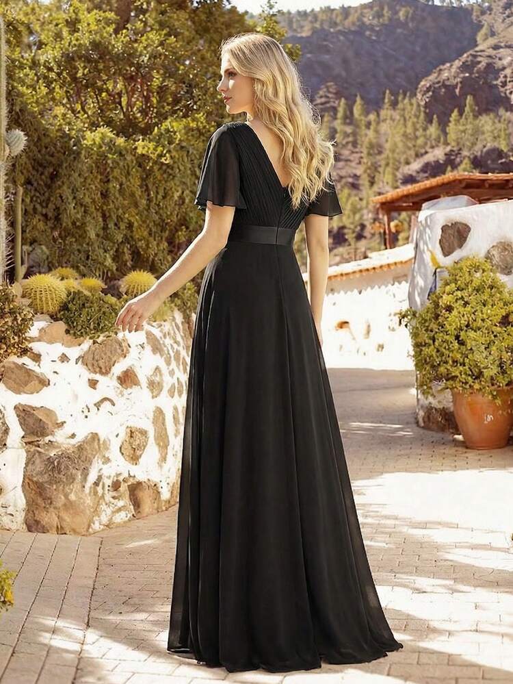 EVERPRETTY שמלת שושבינה שחורה אלגנטית עם צווארון V, שרוולי פרפר וקפלים, שמלת אורחים לאירועים חצי רשמיים באביב כמו חתונה, מסיבת יום הולדת, סיום לימודים - שחור - ראה 2