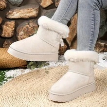 2025 Winter New Arrival! Creamy White Fleece-Lined Snow Boots, Thick Sole With Heel Pad + Bow Decoration, Warm Plush Ankle Boots For Women. Suitable For Extremely Cold Weather. Ideal For Travel And Skiing. - Màu be - Xem 4