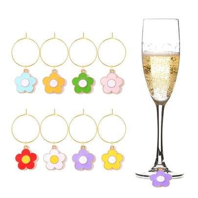 8个花朵造型酒杯标记，适用于春季婚礼、复活节派对，可作为酒杯饮品识别装饰，也是独特的礼物和庆典礼品。