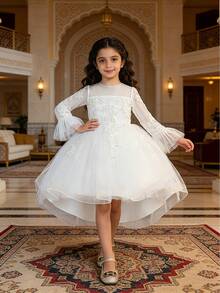Long Sleeve Lace Patchwork Flower Girl Dress, Trailing Formal Gown For Wedding, Piano Recital - White - View 2