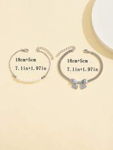 2pcs/Set Bow & Faux Pearl Bracelet Set, Fashion Jewelry, Elegant & Cute, Suitable For Beach, Vacation, Casual Wear - Multicolor - View 4