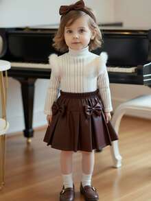 Conjunto de 2 piezas para niñas bebé: Blusa de manga larga con cuello de tortuga y adorno esponjoso, combinada con falda plisada con moño 3D. Atuendo casual para niñas pequeñas, apropiado para salidas diarias y regalos de cumpleaños, para primavera/otoño. - Multicolor - Ver 4