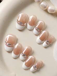 10片装按压式假指甲，法式短款，白色猫眼粉腮红粉色闪钻，适合办公室日常佩戴，套装包含1张粘性贴片和1个迷你指甲锉。 - 彩色 - 查看 11