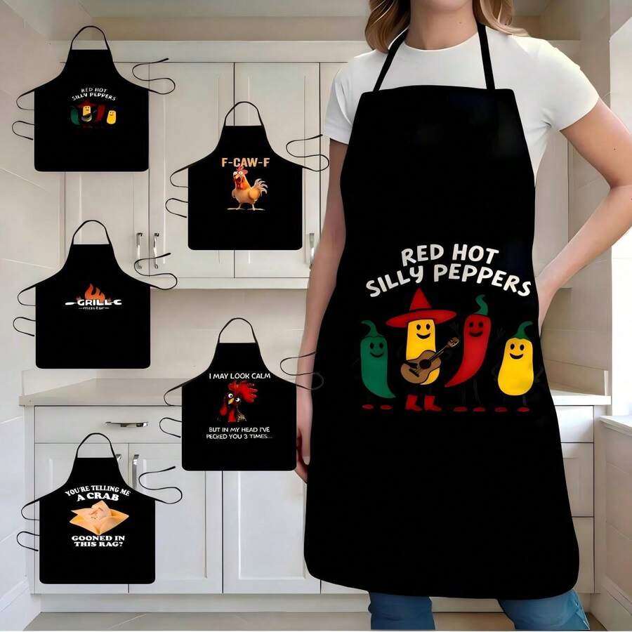 1PC Creative Funny Food Print Apron Crab Meat Dim Sum Pattern Kitchen Apron Black Background Humorous Text Apron Restaurant Home Cooking Apron - C - View 1