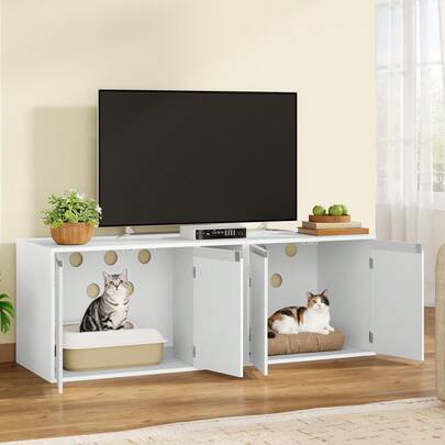 HaluPeit Cat Litter Box Enclosure For 2 Cats, Hidden Litter Box Furniture Cabinet, Double Layer Indoor Cat House, Can Be Used As TV Cabinet, 140 X 48.3 X 48 Cm, White