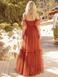 EVERPRETTY 浪漫春季露肩褶皱荷叶边网纱焦橙色伴娘礼服，适合婚礼晚宴、毕业典礼、生日派对等场合的宾客礼服 - 亮橙色 - 查看 9