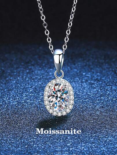 BLOVEMEE 1pc Fashionable & Elegant 925 Sterling Silver 1 Carat 5x7mm Oval Moissanite Necklace, Suitable For Women's Daily Wear, Party, Holiday, Valentine's Day, Christmas, Wedding Anniversary Jewelry Gift