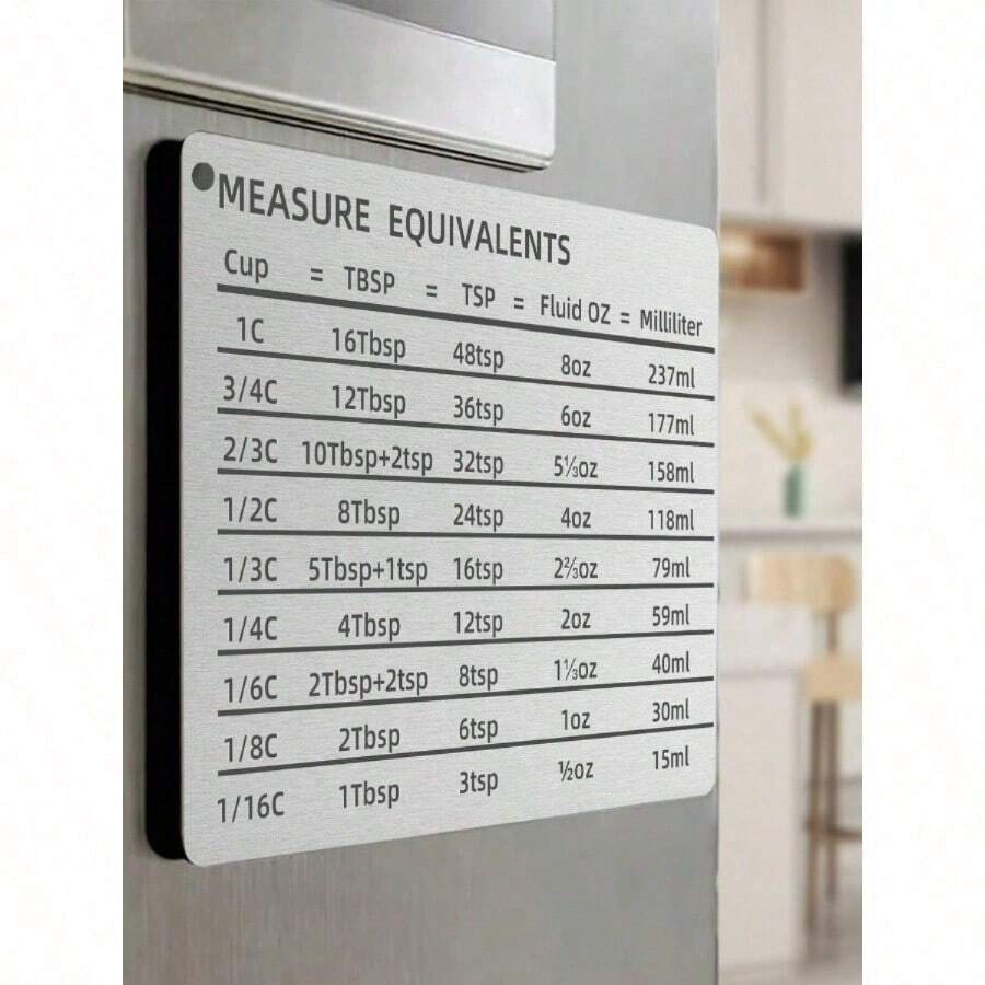1pc Measurement Conversion Chart Refrigerator Magnet, Baking Measuring Cups Scale Plate Accessories Professional Kitchen Measurement Conversion Chart For Cups Best Gifts Birthday Graduation - Silver - View 1