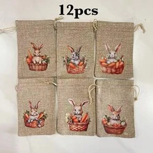 6/12 Peças Sacos de Cordão de Juta da Páscoa, Sacos de Cordão de Juta da Páscoa, Sacos de Presente de Linho com Estampa de Coelho, Cordão de Juta de Camada Dupla, Sacos da Páscoa, Sacos de Coelho de Juta da Páscoa (Estilo Fofo) - Multicolorido - Visão 9