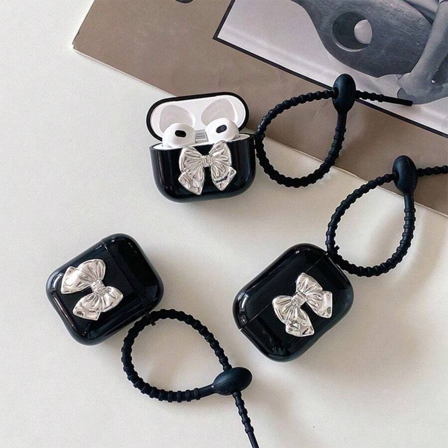 Silver Bow Design Protective Case Suitable Compatible With Apple Bluetooth Earphones, Anti-Scratch And Drop Protection Case Compatible With Apple Bluetooth Wave Earphone Case - Black - View 1