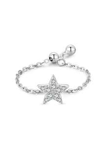 1pc 925 Sterling Silver Sparkling Star Zirconia Adjustable Chain Ring For Women's Fashionable Wedding Party Jewelry - Silver - View 1