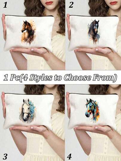 White Vibrant And Playful Horse-Themed Makeup Bag,Lightweight And Foldable Grooming Pouch,Spacious Grooming Bag,Colored Ink Style, Reusable Cosmetic Pouch, Cosmetic & Toiletry Organizer Bag, Zippered Cosmetic Bag, Lightweight Coin Purse, Toiletry Bag, Storage Bag, Travel Accessory, For Organizing Makeup, Brushes, Accessories, New Year, Valentine'S Day Gift, Holiday Presents, Ramadan Gift