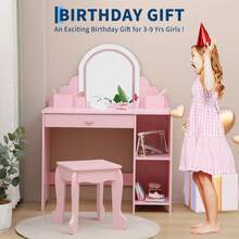 Tocador Infantil para Niñas con Espejo con Luz LED y Taburete, Mesa de Maquillaje con Brillo Ajustable, Cajón y Estantes de Almacenamiento, Regalo para Niñas de 3 a 9 Años - Rosa - Ver 6