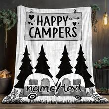 1pc Personalized Camping Blanket - Custom Name/Text, Soft Lightweight Flannel Throw With Happy Campers, Pine Trees & Vintage Trailers - For Home, Camping, Gifts - Birthday, Anniversary, Housewarming Present - All-Season Cozy Decor, Outdoor Essentials, Playful Design, Durable Material, Home Decorators - White - View 5
