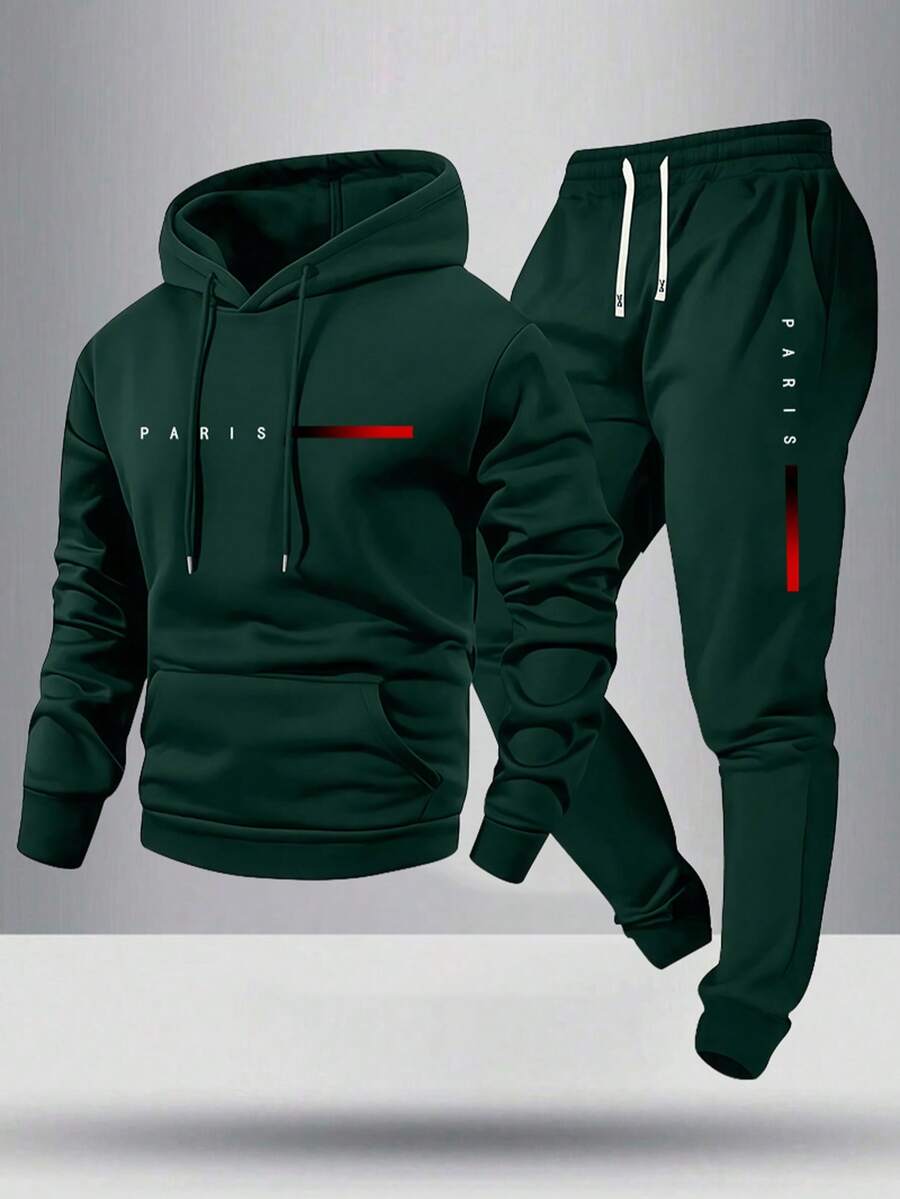 男士薄款巴黎字母印花连帽衫和运动裤套装，时尚休闲运动服，带口袋和抽绳腰带，适合作为送给丈夫或男友的礼物 - 彩色 - 查看 1