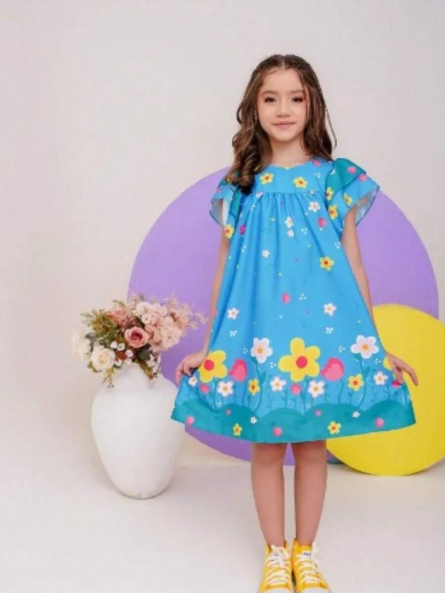 Girls' Themed Dress - , Enchanted Garden, Bees, Butterflies - Graduation, Fashionable, Blogger Style, Cool, For Parties, Birthdays, Everyday Wear, Casual, Girl's Clothing, Teen, Wedding, Printed, Loose-Fitting, Summer, Floral - 淺色水洗藍 - 查看 1