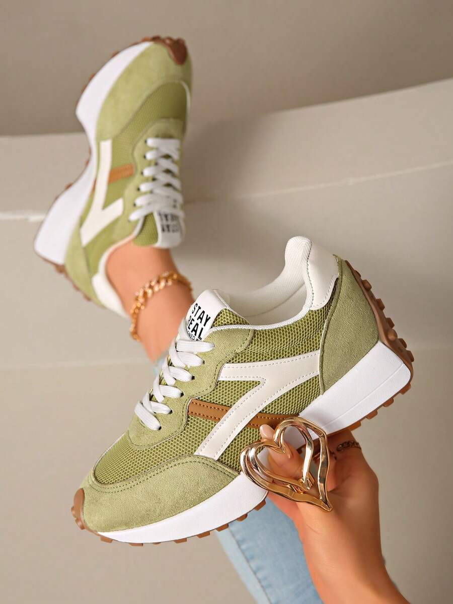 Women's Comfortable Lace-Up Sneakers - Lightweight Multifunctional Casual Shoes, All-Season Wear, Non-Slip Rubber Sole Gump Shoes - Lime Green - View 1