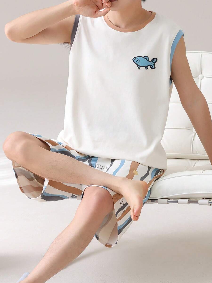 AICJ 2pcs Men Solid Color Casual Loose Basic Crew Neck Vest Top And Striped Shorts Pajama Set, Suitable For Spring And Summer Loungewear - Multicolor - View 1