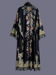 传统日式美人印花中长款七分袖和服罩衫薄外套，女士优雅街头休闲宽松外套，适合海滩、旅行、度假、居家休闲、睡袍、派对等场合。 - 黑色 - 查看 4