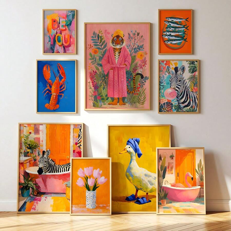 1/9件套混搭画廊墙饰，趣味动物图案，色彩缤纷的客厅墙画，个性十足的极繁主义可打印艺术品，帆布艺术墙画，房间海报，家居装饰，房间装饰项目，卧室，厨房，客厅，走廊装饰，可选画框 - 多色 - 查看 1