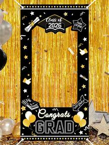 2D Flat, 1pc 2026 Graduation Photo Frame Banner, 60x120cm Black Gold Class Of 2026 Congrats Grad Photobooth Props, Polyester Fabric, Graduation Party Picture Backdrop Background For High School And College Grad, Graduation Party Supplies - Multicolor - View 5
