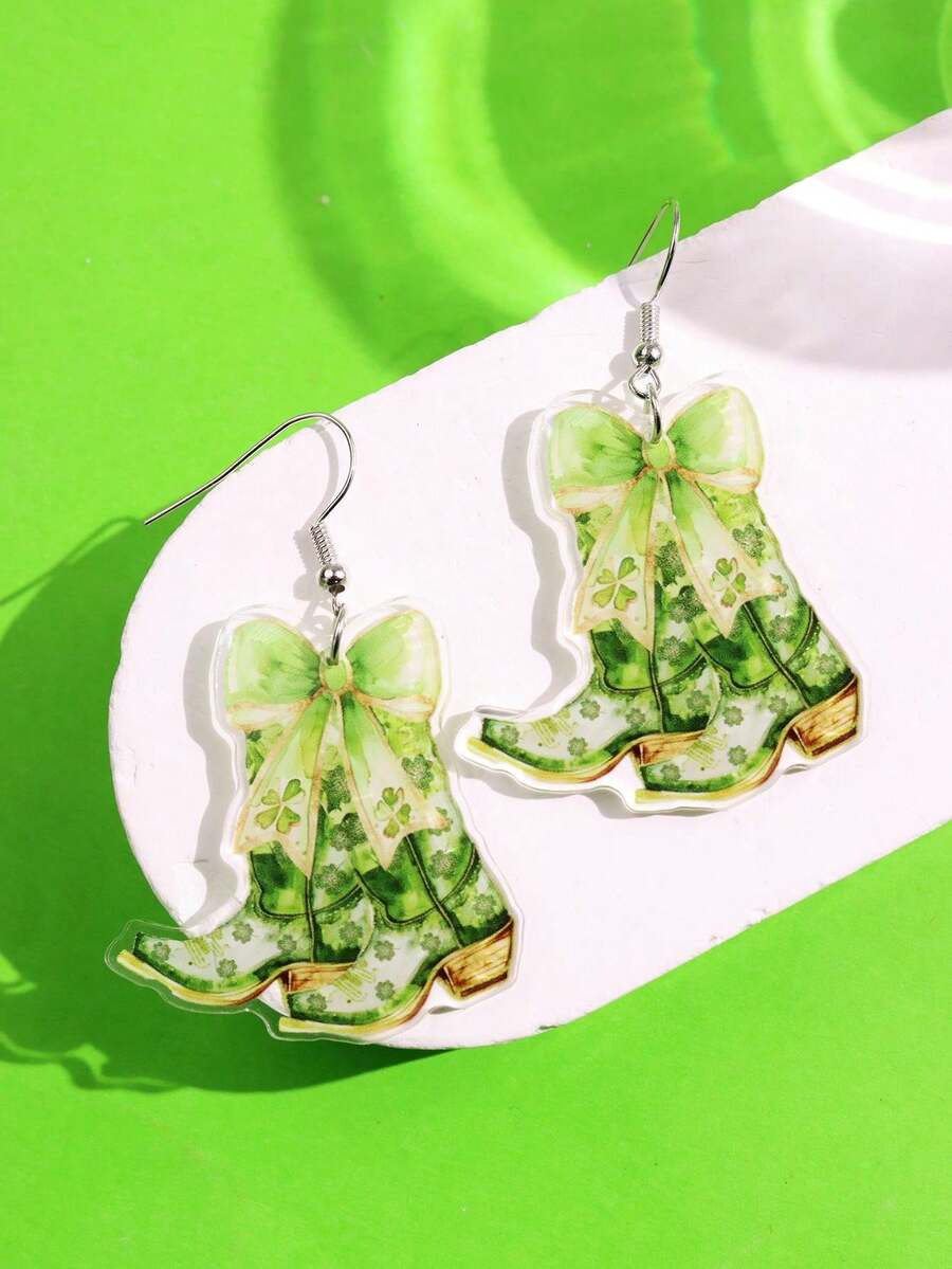 1 Pair St. Patrick's Day Creative Funny Unique Delicate Cute Cartoon Bow Boots Acrylic Earrings, Women Daily Wear, Holiday Party Jewelry - Multicolor - View 1