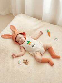 Disfraz de conejito de Pascua para bebé, mono sin mangas con capucha y bolsillo bordado de zanahoria, calcetines largos, ropa de fiesta - Naranja - Ver 2